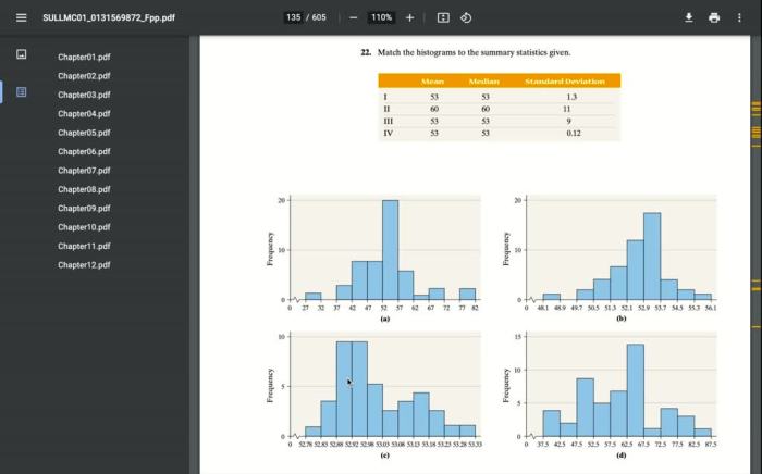 Match the histograms to the summary statistics given.