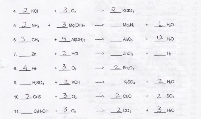 Introduction to balancing equations worksheet answer key